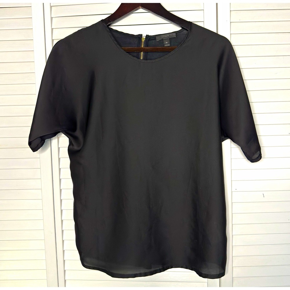 J.Crew Womens XS Black Mixed Fabric Short Sleeve Blouse Gold Zip Back Minimalist